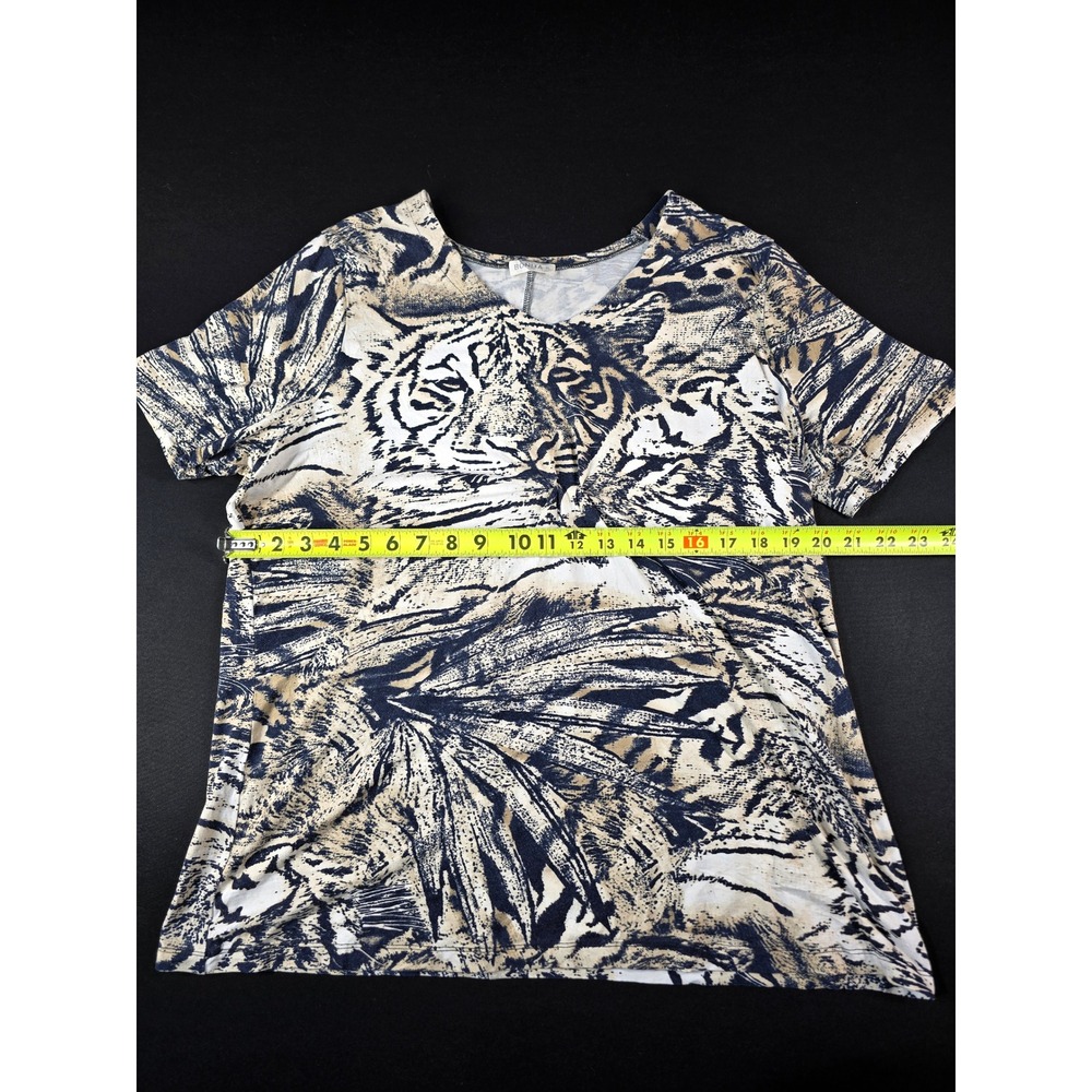 Bonita Womens XL Tiger Print V-Neck Short Sleeve Top Viscose Stretch Navy Tan - Picture 3 of 6